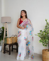 White Hand Printed & Cutwork Pure Organza Silk Saree